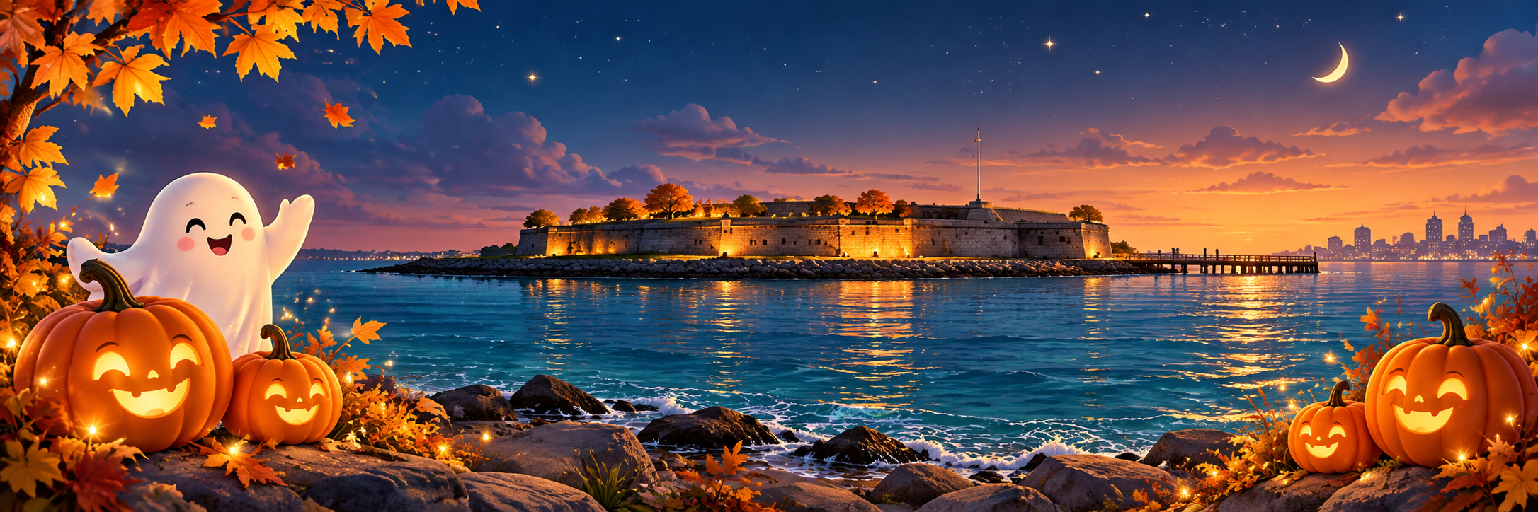 Friendly ghost and pumpkins beside a seaside fort at sunset.