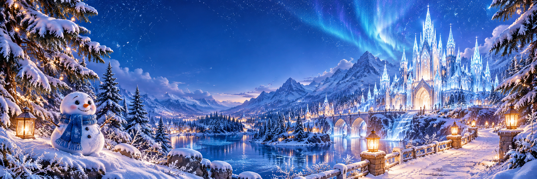 Holiday Pictures Snowman, glowing lanterns and an ice palace in a blue winter wonderland.